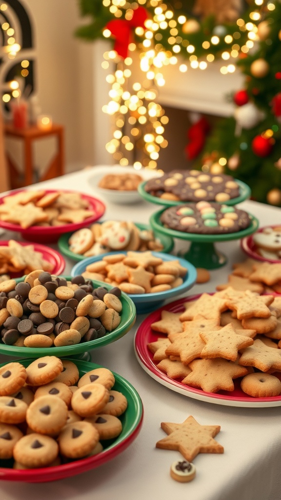 A vibrant table setup for a cookie exchange party with various cookies on display, creating a festive atmosphere.
